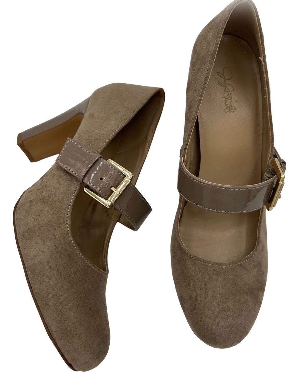 Y2K Style Taupe Suede Mary Jane Block Heels with Patent Strap